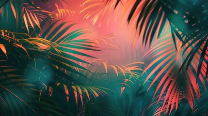 Fototapeta premium Exotic Tropical Background with Palm Leaves and Glitch Effect