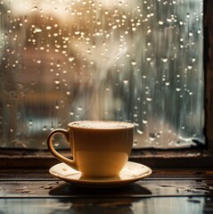 Obraz premium Cozy Rainy Day: A Steaming Cup of Coffee on a Saucer, Offering Solace and Comfort Beside a Drizzled Window Pane.