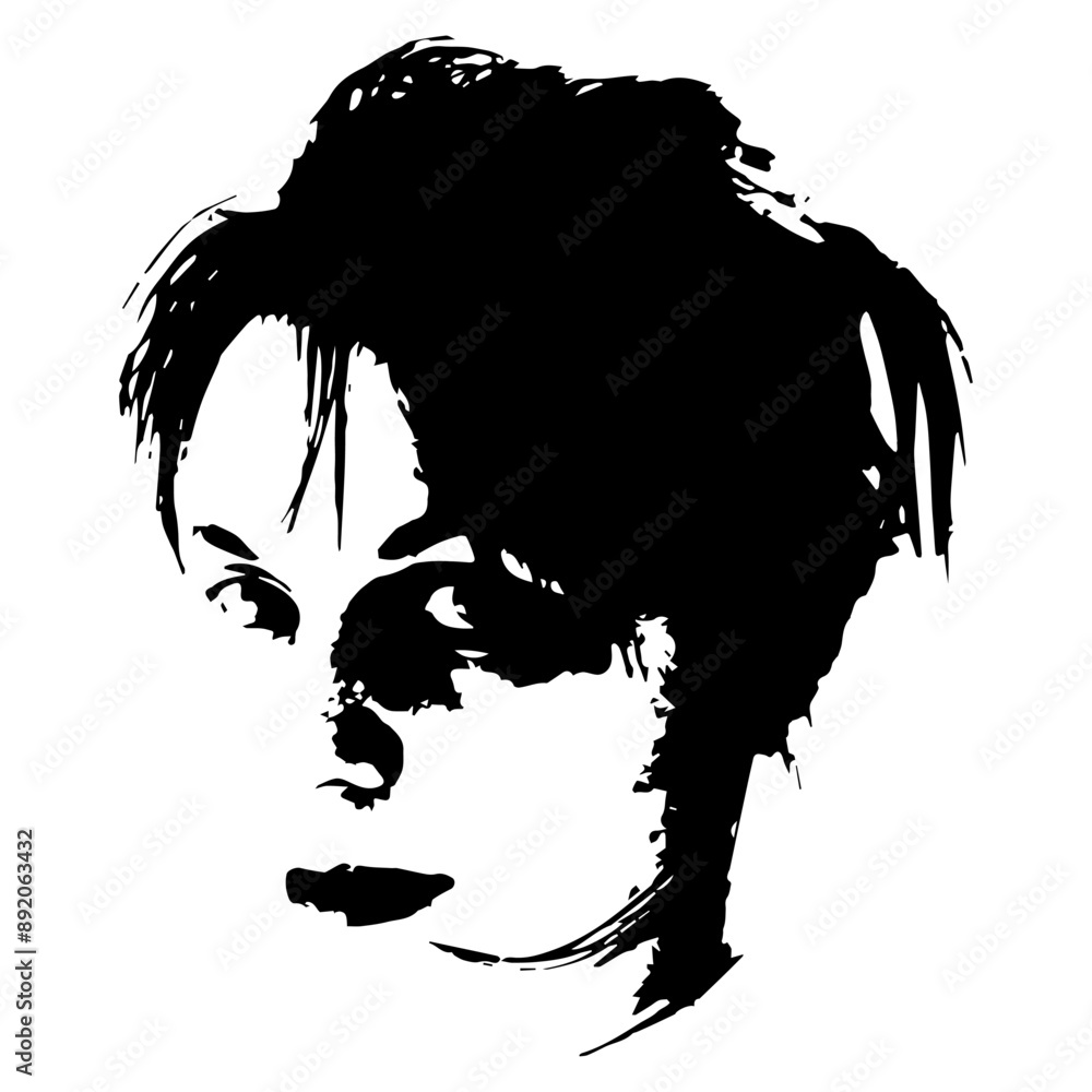 Wall mural Head of a pretty young Caucasian woman. Female portrait. Face of a beautiful brunette girl. Black and white silhouette.