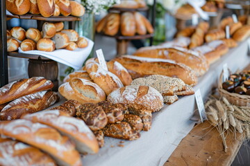 many bread on long table, Celebration, luxury food
