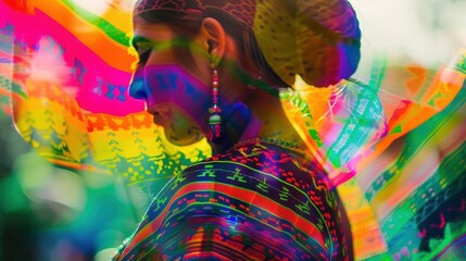 Colorful portrait of a woman in traditional attire with vibrant patterns and intricate details, blending with neon lights and artistic overlays.