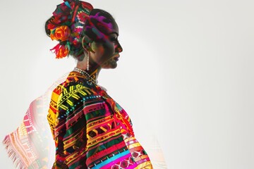 Portrait of a woman in colorful traditional attire, combining modern and ethnic elements with vibrant patterns and intricate details on white background.