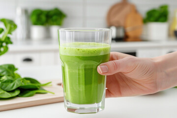 A hand hold A glass of spinach vegetable juice, healthy drink vegan food