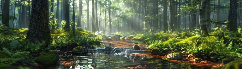 Fototapeta premium Serene Forest Stream with Sunlight Filtering Through Trees
