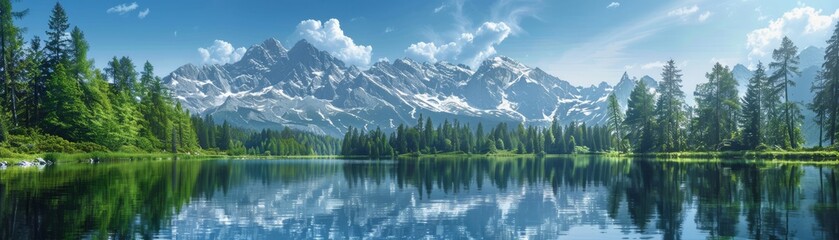 Tranquil Mountain Lake with Snow-Capped Peaks and Lush Forest