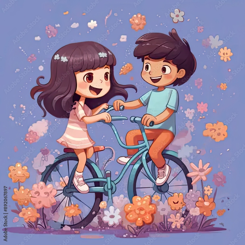 Wall mural a boy and a girl riding a bicycle together