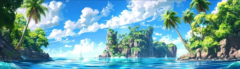 Obraz premium Anime-Inspired Fantasy Island Escape: A Whimsical Adventure Through Enchanted Realms and Mysterious Seascapes.