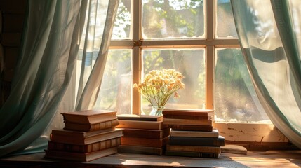 Books on a windowsill illuminated by sunlight peeking through curtains