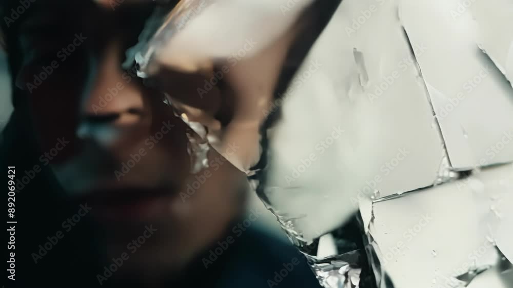 Poster Closeup of a persons face shot through a shattered reflective surface distorting their features and adding a surreal quality to the image.