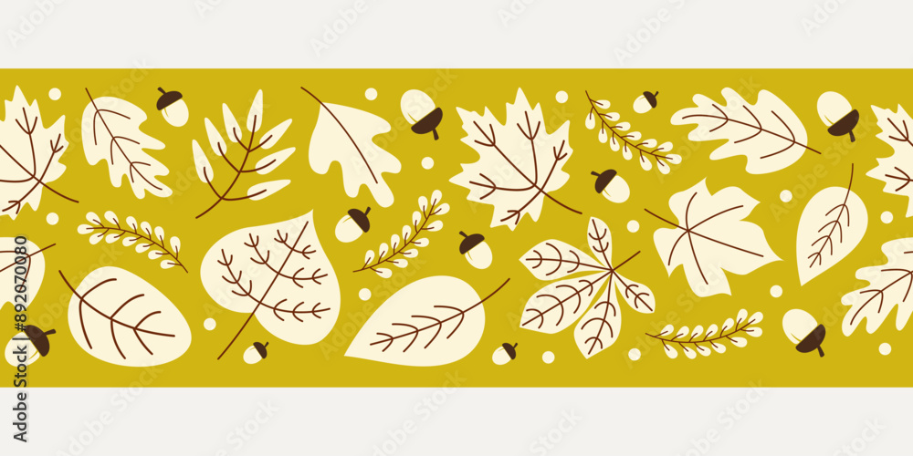 Poster vector fall banner with autumn leaves and acorns on a green background. horizontal border with seaso