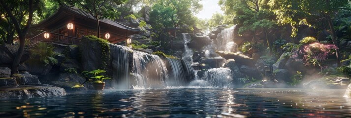 Fototapeta premium Anime-Inspired Hidden Paradise: A Serene Animated Waterfall Haven Amidst Lush Greenery, a Secret Gem of Nature's Artistry.