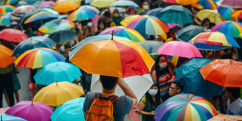 Vibrant Crowd with Colorful Umbrellas in Rainy Weather