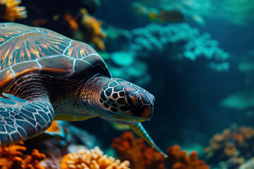 Fototapeta premium Vibrant Underwater CloseUp of a Sea Turtle Amid Colorful Coral Reefs