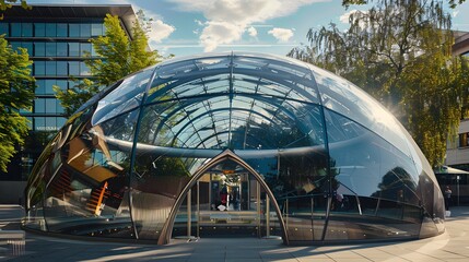 Protection sphere shield with hexagon pattern on blue background. Glass Dome shield. Glowing bubble shield in the form of a force energy field. Protection and safety concept.