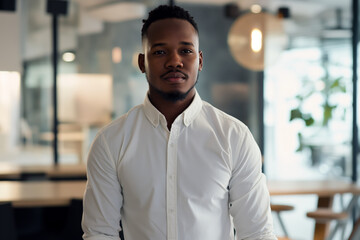 Obraz premium Confident Young Professional in Modern Office Setting Wearing White Shirt
