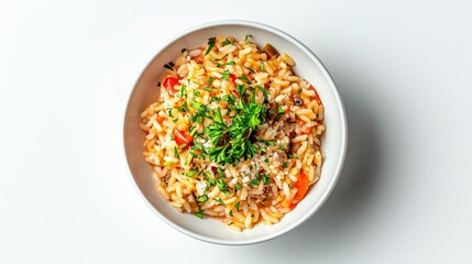 A top view of Risotto isolated white background, studio light for focused advertising