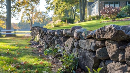 Historic stone wall with granite rocks as decorative border for estate and wildlife habitat