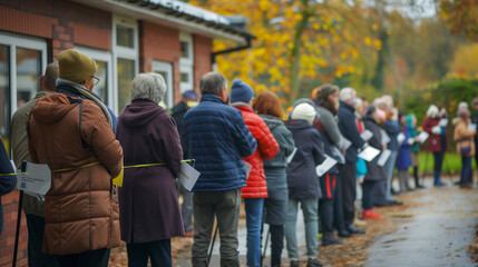 Obraz premium Voters Waiting in Long Line Outside Polling Station on Election Day in USA Showing Democracy in Action