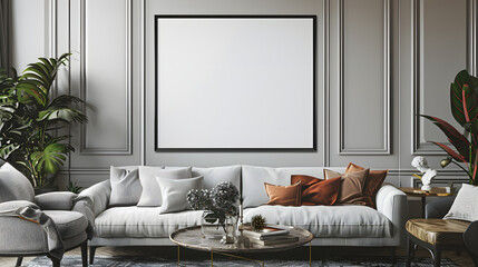 Modern Living Room With Blank Frame For Mockup