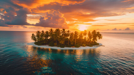 Tropical Island with Palm Trees, Turquoise Water, Stunning Sunset, and Paradise Beach for an Exotic Vacation