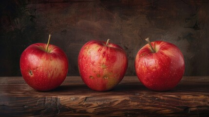 Three apples red on wood dark backdrop