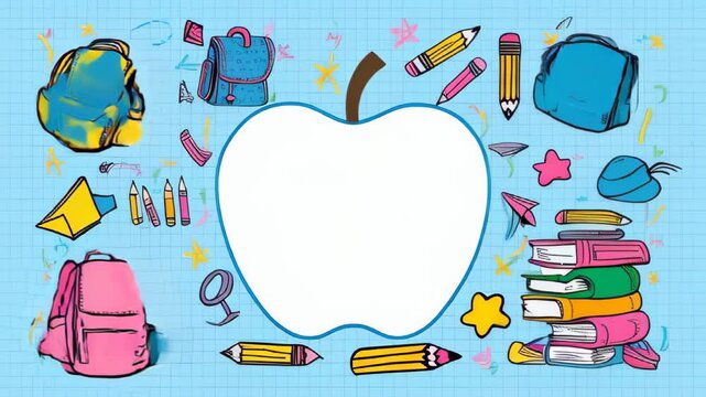 Back to school copy space blank apple in the middle and various colorful school supplies like backpacks, books, pencils against blue grid paper background. Welcome back to schoo