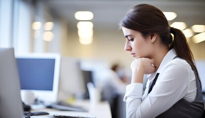 Young female employee feels lonely at workplace with loneliness and isolation, disconnected from group of co-workers, feeling disconnected, withdrawal or not belong to everyone around
