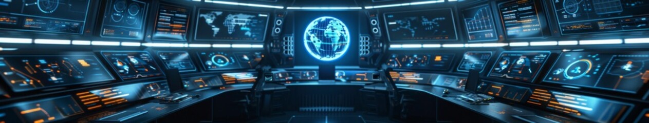 Fototapeta premium Central Command of Automated Decision-Making: A High-Tech Hub for Data Algorithms Driving Autonomous Command Centers.