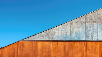 Fototapeta premium Abstract photo of blue sky weathered corten steel and wooden wall in triangles Anonymous architecture in vertical shot with space for text