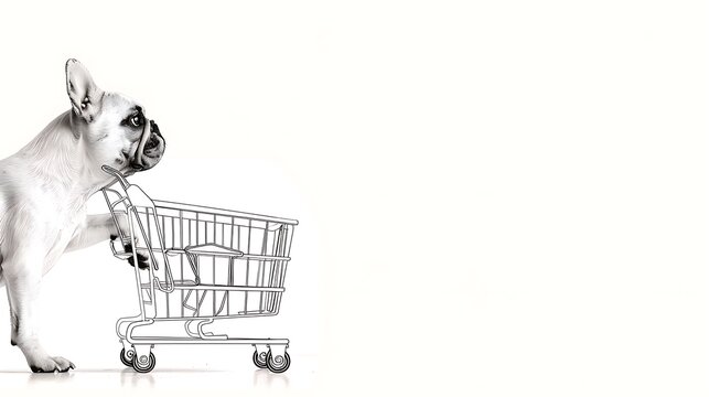 recommend clip art: French Bulldog Pushing Shopping Cart in Line Drawing Style