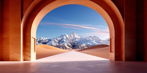 Fototapeta premium Closeup of a street in a desert city, sand dunes and mountain ranges in the background, highresolution, ultraHD, sharp focus, golden hues, detailed textures, urban oasis