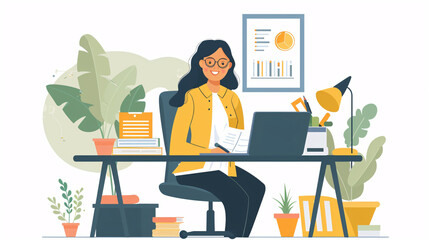 Smiling female freelancer analyzing business plan at desk
