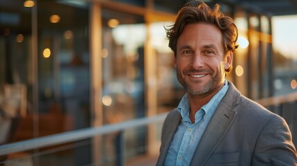 Obraz premium A handsome man standing on an office balcony during sunset.