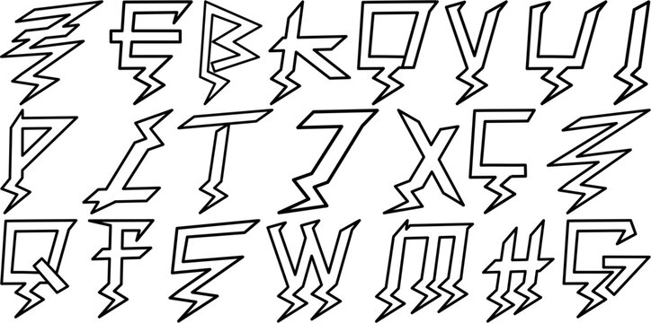 Electric Bolt Font Vector Alphabet Set, Thunder storm line font design, alphabet leters vector illustration
