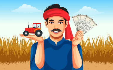 Happy smiling Indian farmer holding tractor toy in hand and showing money or currency while standing at the field- Concept of earning, agriculture profitable investment