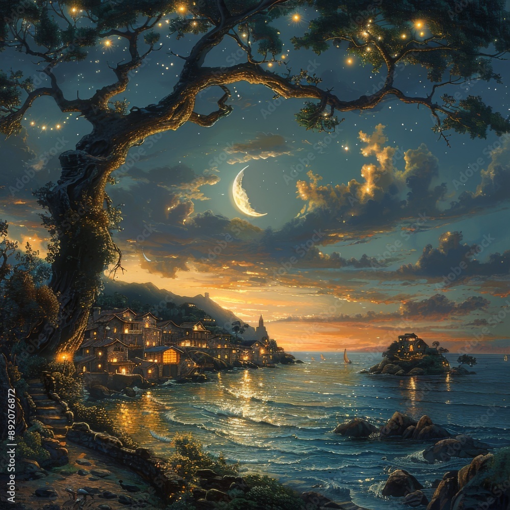 Poster Coastal Village Under a Crescent Moon