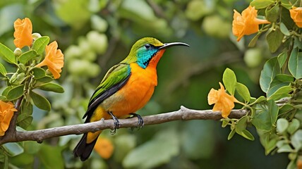 A Orange breasted Sunbird is perched on a tree branch