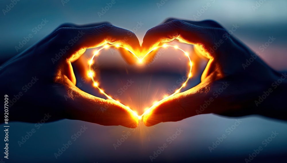 Poster highresolution closeup of hands creating a heart shape, ultrahd, sharp focus, sunlight filtering thr