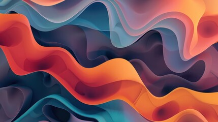 Obraz premium Colorful abstract wave patterns with a smooth gradient transition, blending blue, orange, and pink hues, creating a fluid and dynamic composition.