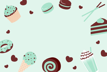 vector background with a set of mint chocolate cakes and desserts for banners, cards, flyers, social media wallpapers, etc. © mar_mite_