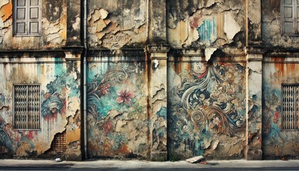 Grungy texture and faded paint on a brick wall with a weathered wooden door next to a tagged window