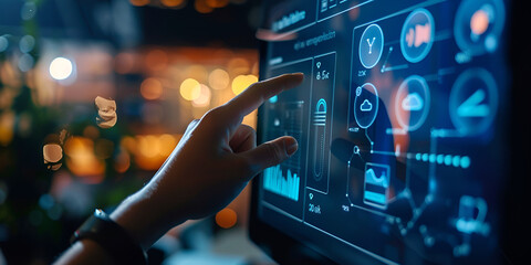 Hand Interacting with Futuristic Digital Interface Representing Advanced Technology and Interactive User Experience