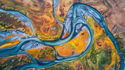 A striking aerial view of a vibrant river delta showcasing winding waterways and diverse, vivid landscapes.