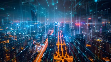 Fototapeta premium Modern city with wireless network connection and city scape concept.Wireless network and Connection technology concept with city background at night. 