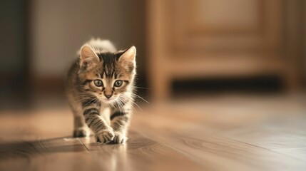 Curious Tabby Kitten Exploring Wooden Floor Indoors.