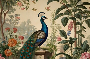 Vintage Roman mural wallpaper with garden, forest, peacock, bird, flower vase, botanical plant landscape illustration.