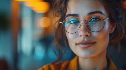 A young woman with glasses and a warm smile looks directly at the camera. The background is blurred with warm lights.