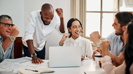 Winner meeting, laptop or fist for success, celebration or achievement in project management company. Smile, diversity or business people with technology for teamwork goals, progress or collaboration