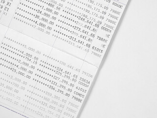 Bank account book statement balance number cash, hand holding data investment debt math in office, bill receipt and payment business credit card account, check paper financial loan tax concept.