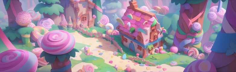 Fototapeta premium Enchanted Candy Forest: A Whimsical Wonderland of Sweets and Magic, Where Lollipop Trees and Gummy Pathways Create a Delectable Fantasy Land.